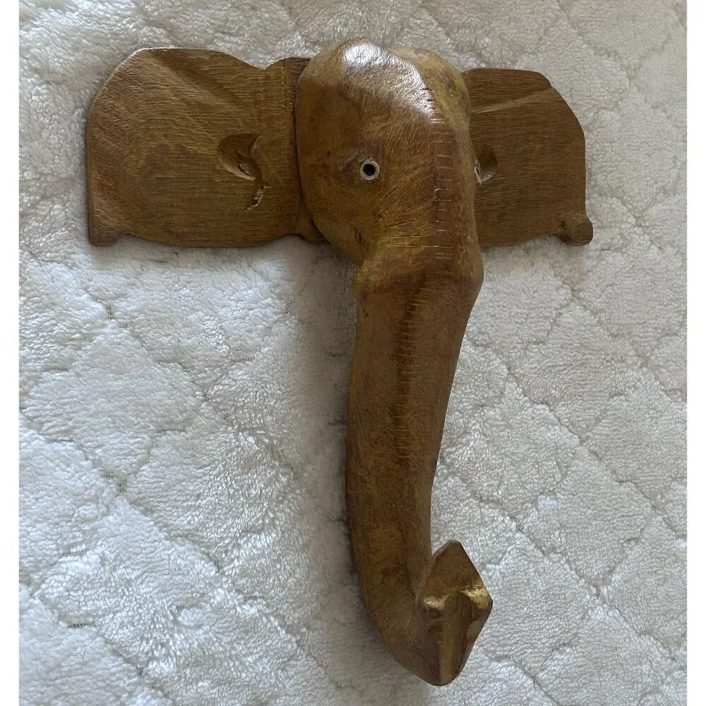 Vintage Hand Carved Wooden Elephant Coat Hook Primitive Art 6
